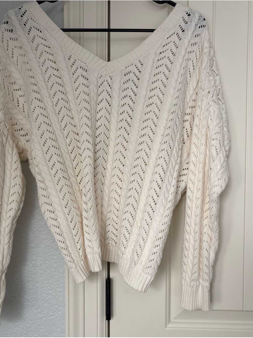 Open-Knit V-Neck Sweater in Cream
